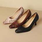 Square Toe Vintage Leather Bowknot Heels
