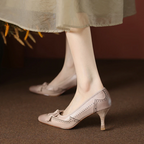 Square Toe Vintage Leather Bowknot Heels