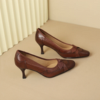 Square Toe Vintage Leather Bowknot Heels