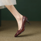 Square Toe Vintage Leather Bowknot Heels