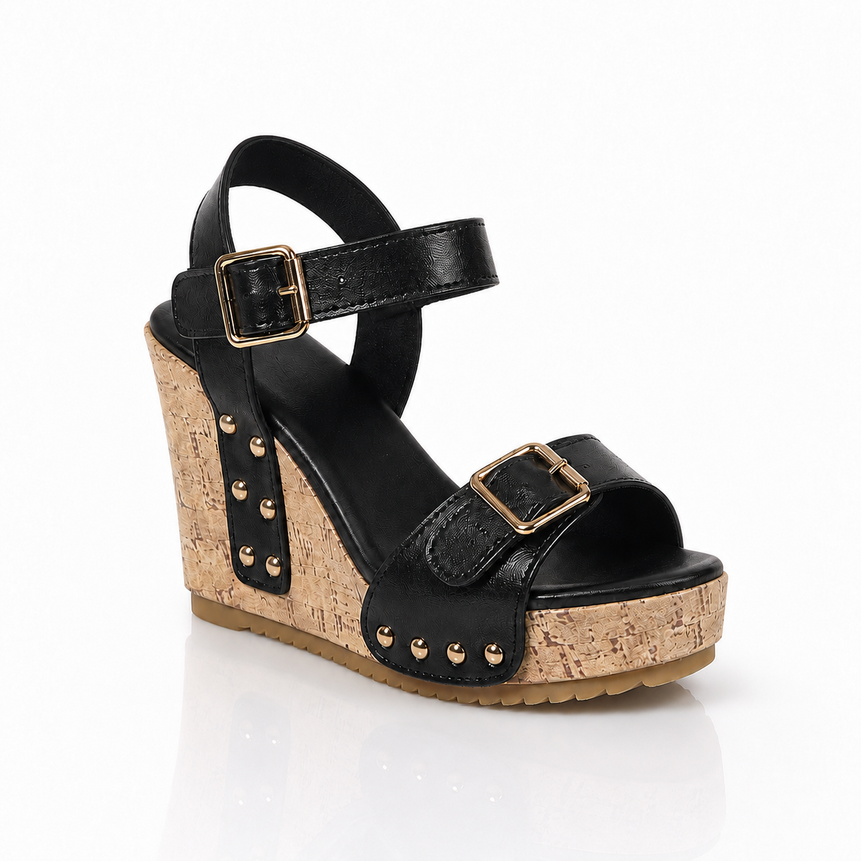 Corinne Buckle Wedge Sandals