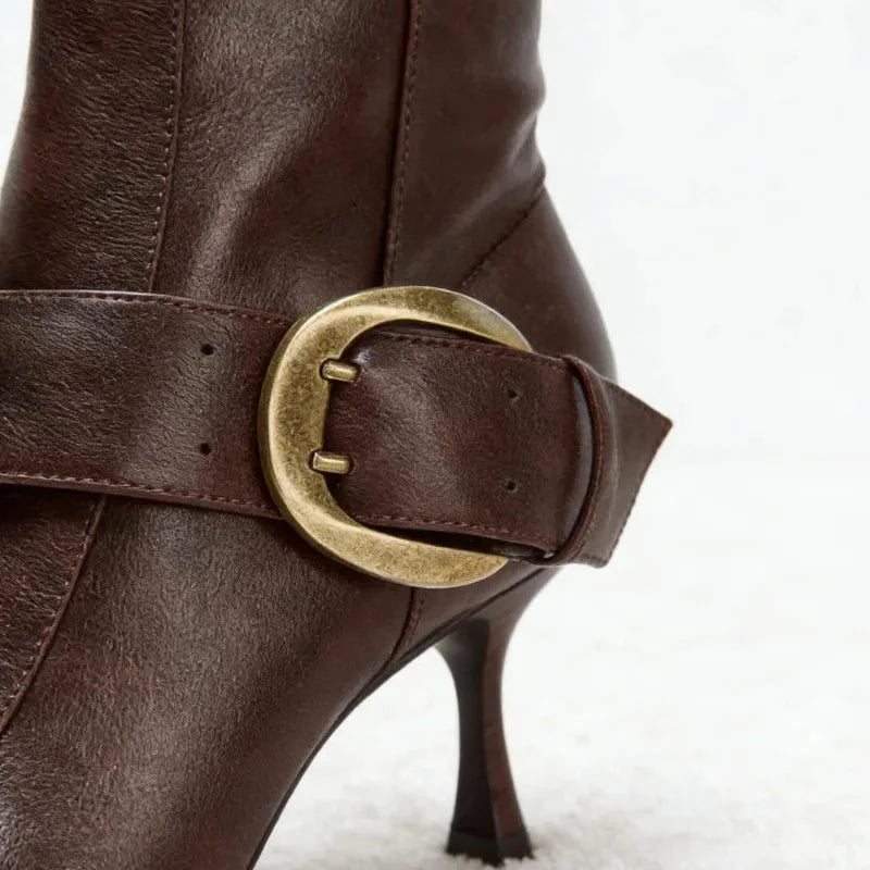 Gold Buckle Leather Knee high Boot