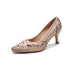 Square Toe Vintage Leather Bowknot Heels