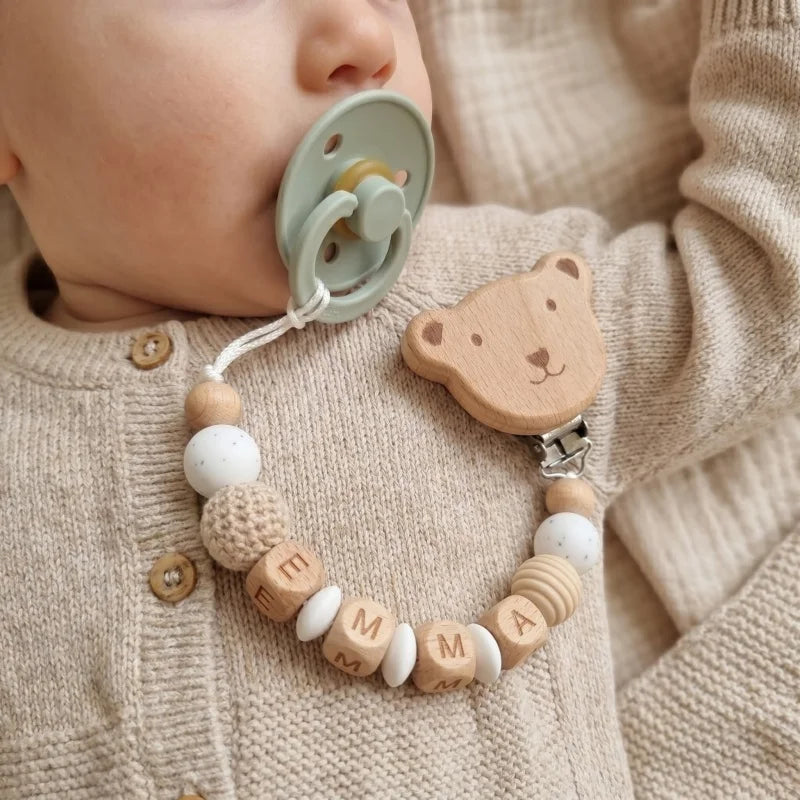 Personalized Wooden Bear Pacifier Clip