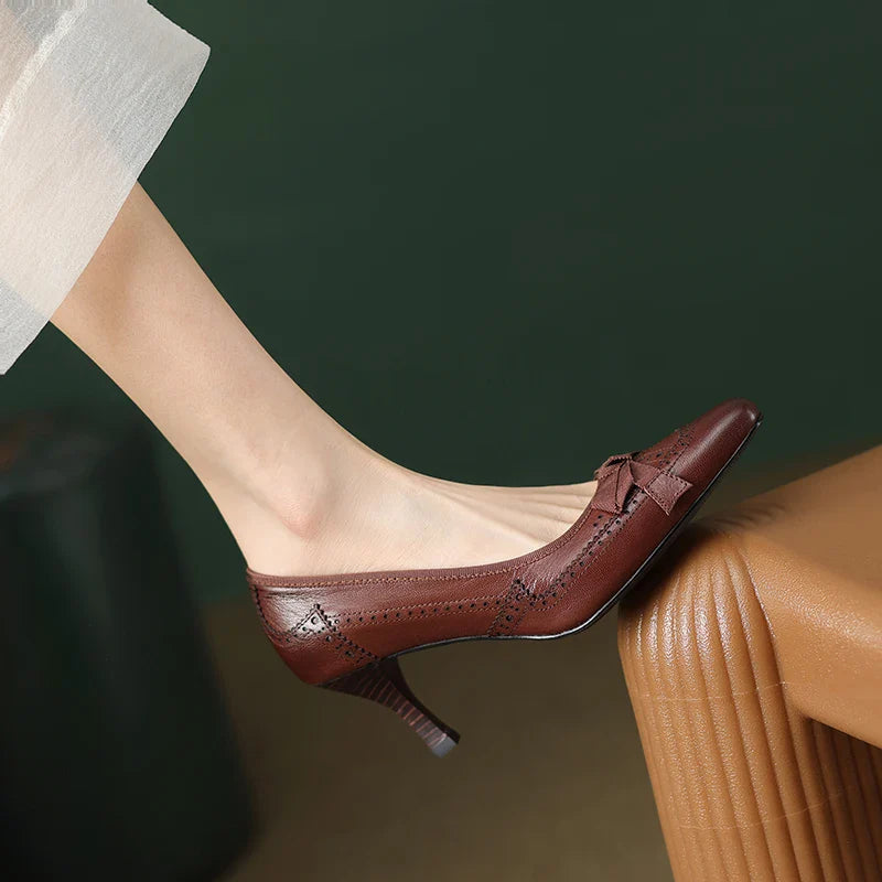 Square Toe Vintage Leather Bowknot Heels