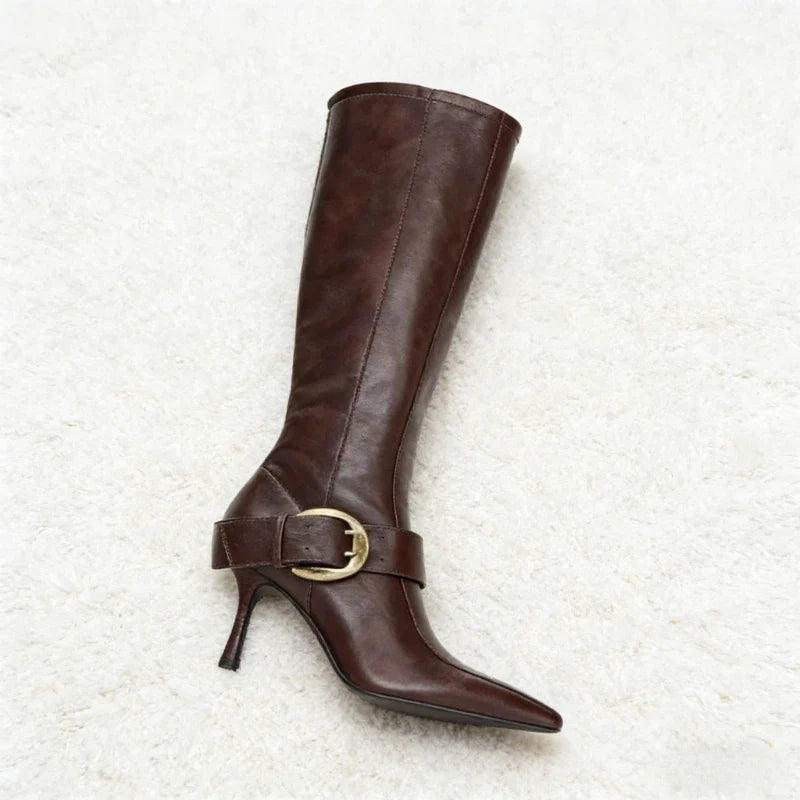 Gold Buckle Leather Knee high Boot