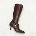 Gold Buckle Leather Knee high Boot