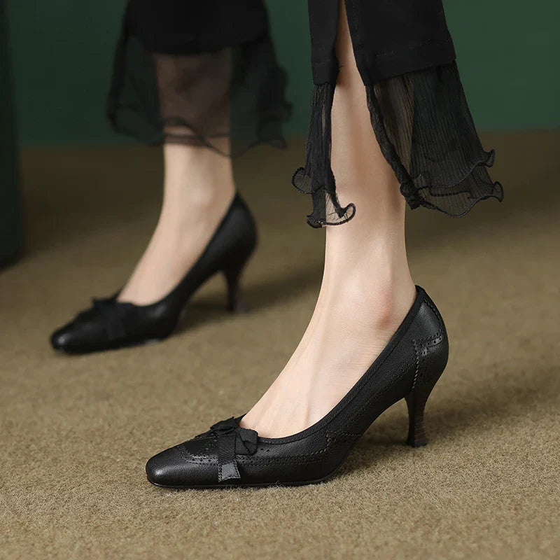Square Toe Vintage Leather Bowknot Heels