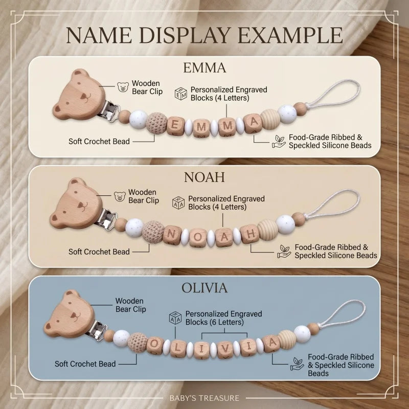 Personalized Wooden Bear Pacifier Clip