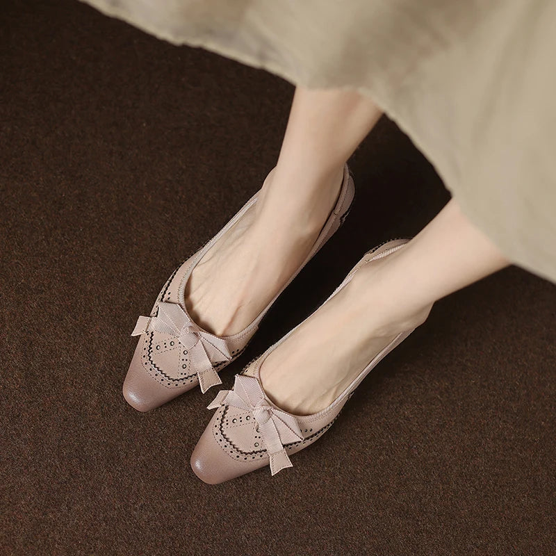 Square Toe Vintage Leather Bowknot Heels