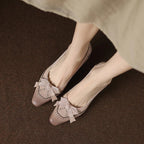 Square Toe Vintage Leather Bowknot Heels