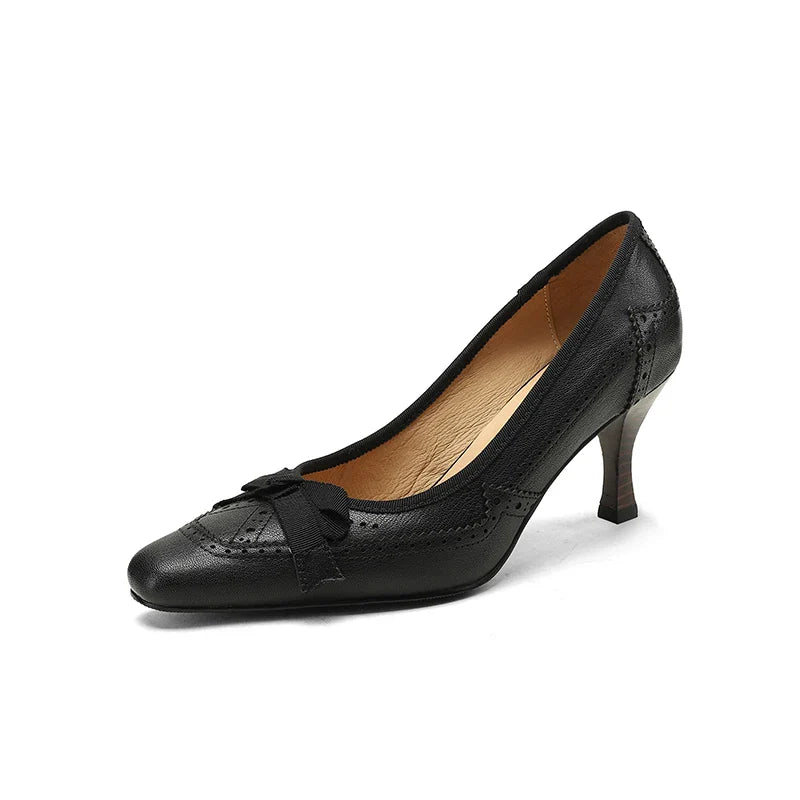 Square Toe Vintage Leather Bowknot Heels