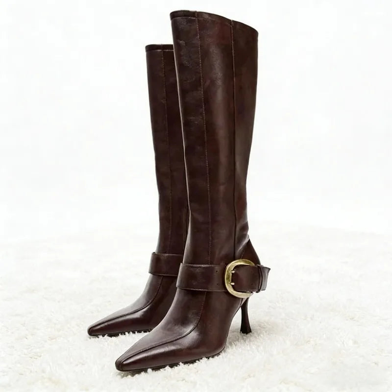 Gold Buckle Leather Knee high Boot