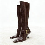 Gold Buckle Leather Knee high Boot