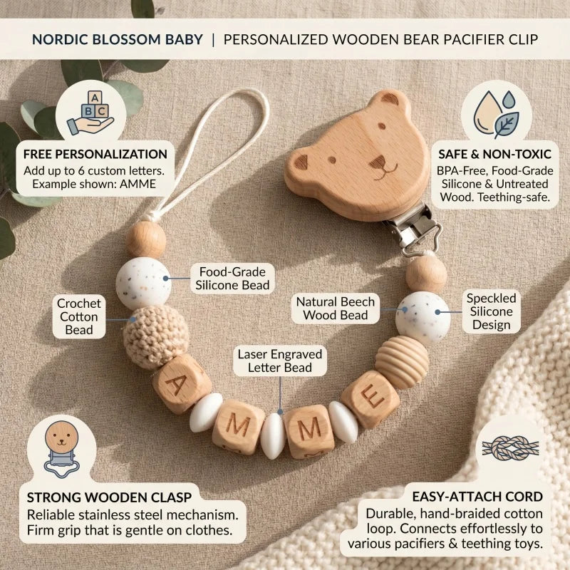 Personalized Wooden Bear Pacifier Clip