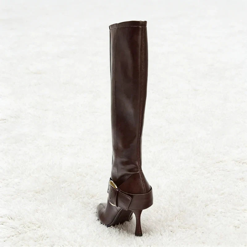Gold Buckle Leather Knee high Boot