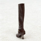 Gold Buckle Leather Knee high Boot