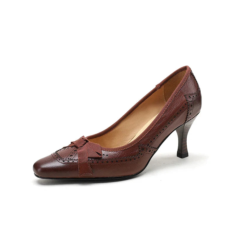 Square Toe Vintage Leather Bowknot Heels