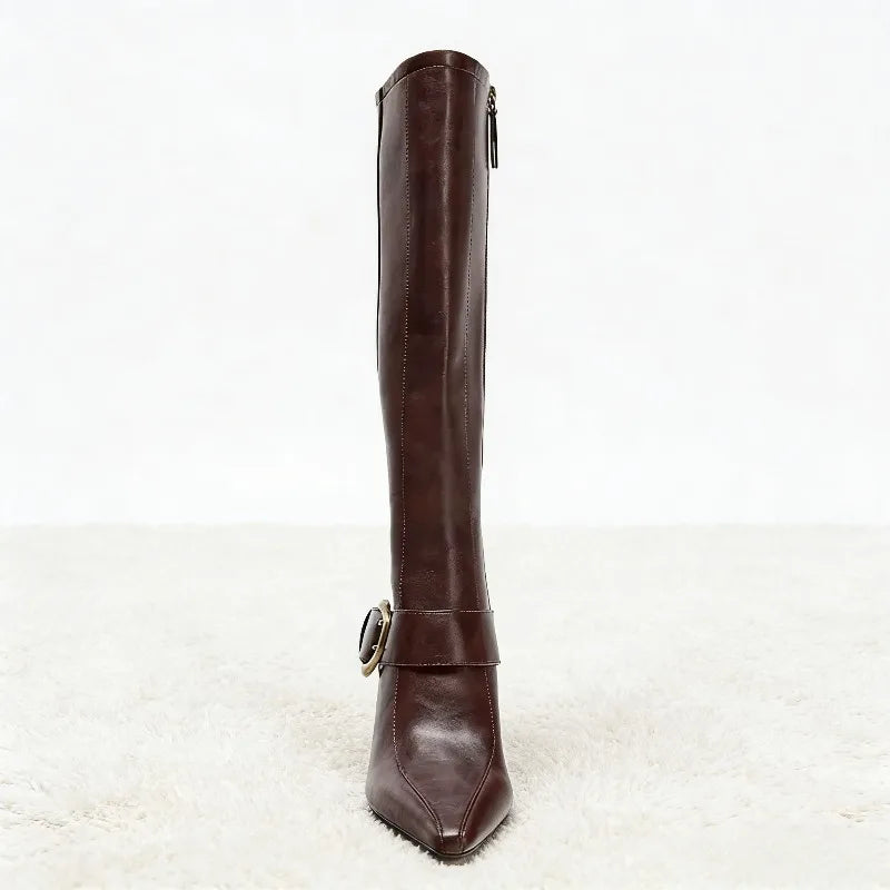 Gold Buckle Leather Knee high Boot